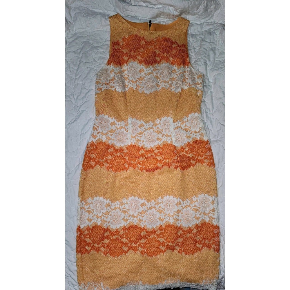 New York & Company Orange Yellow White Lace Colorblock Sheath Dress Size 8